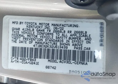 2002 Toyota Camry Le/Se/Xle из США, поврежденный, VIN 4T1BE32K32U613439